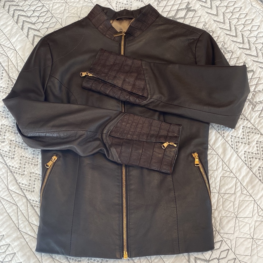 Dark Chocolate Brown Leather Jacket with Alligator Skin Details
